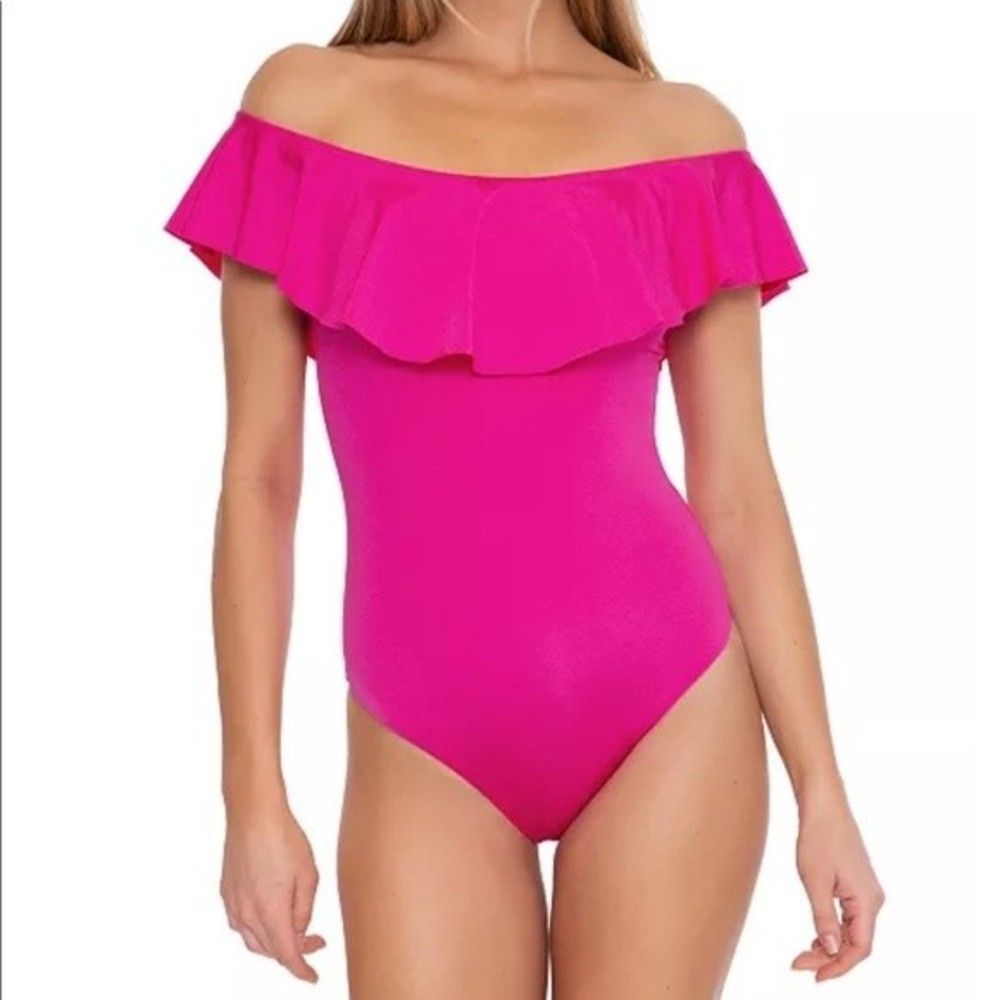 SOLD Trina Turk Pink Monaco Solids Off The Shoulder Ruffle One Piece Swimsuit - Picture 12 of 15